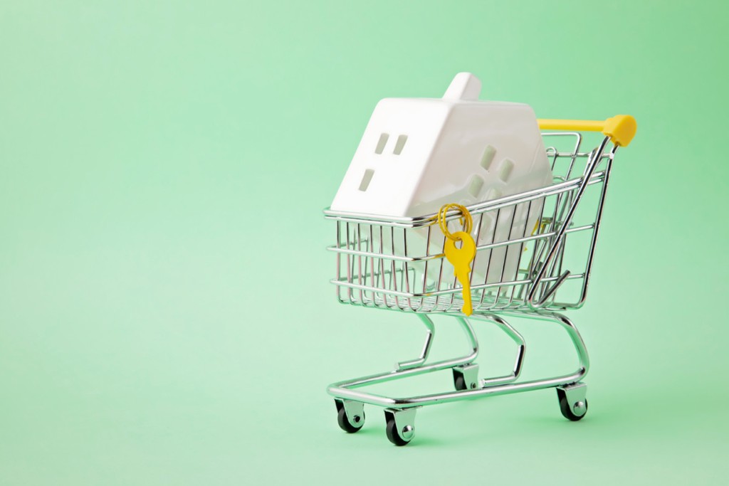 purchasing a property pictured as a shopping trolley with a house inside it
