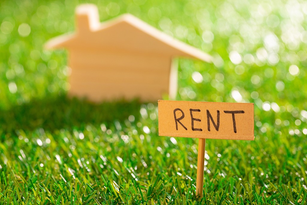 Wooden toy house with rent sign on grass close up