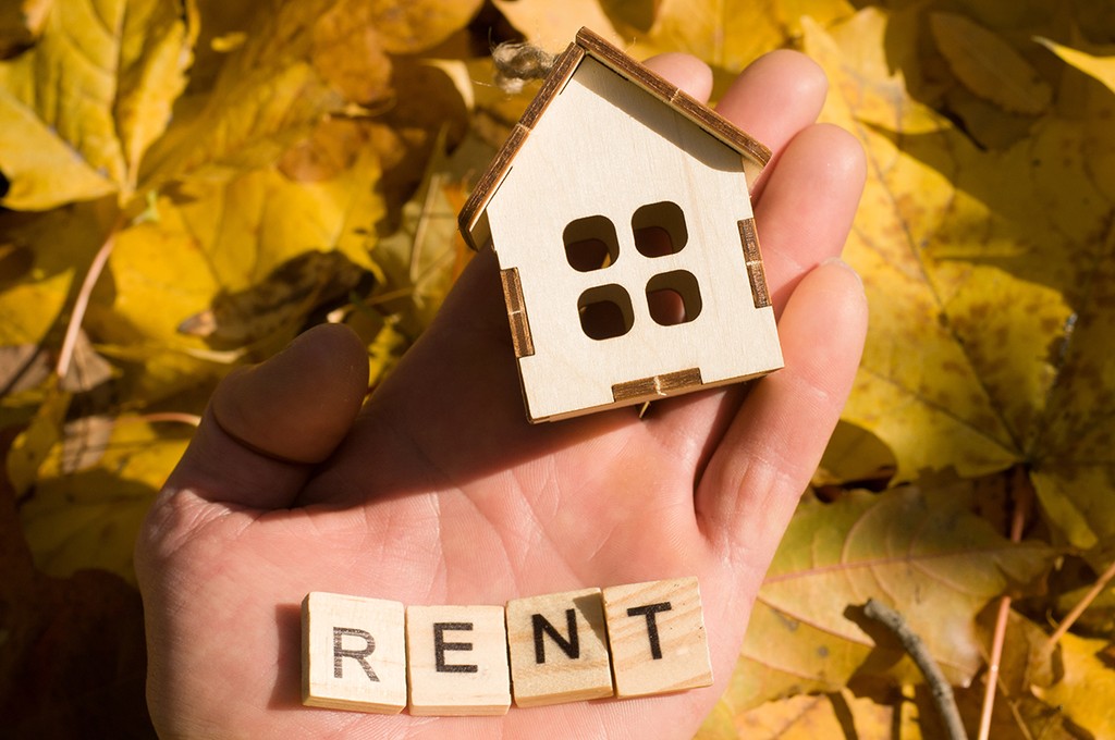 model house held in someones hand on a backdrop of autumn leaves