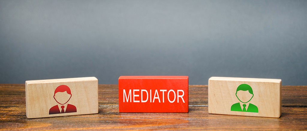 wooden blocks in a row with a red mediator block in the middle