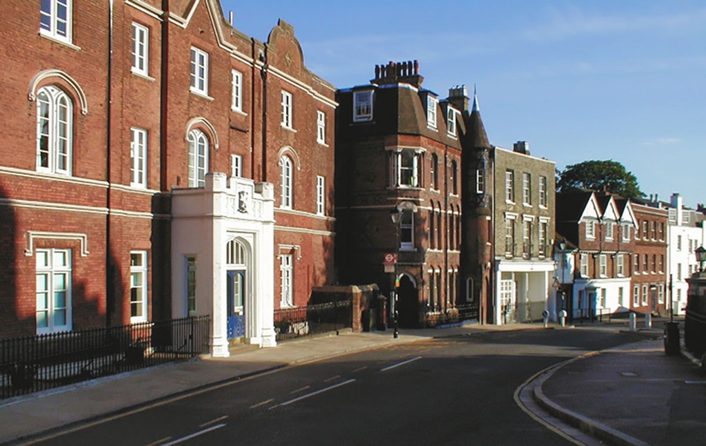 Street in Harrow with red buildings