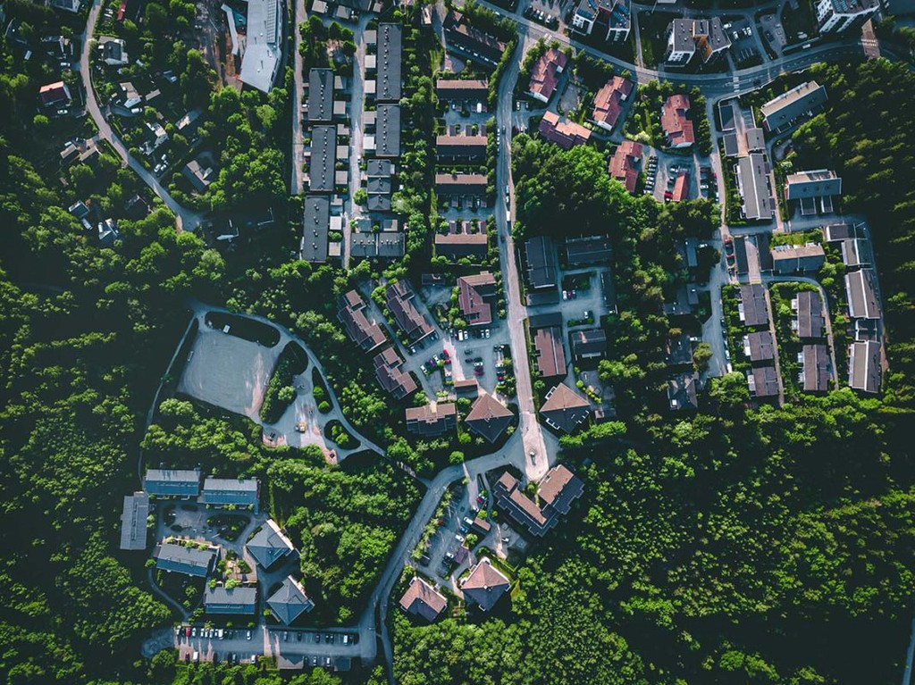 Aerial view of suburb at summertime, residential houses in Finland