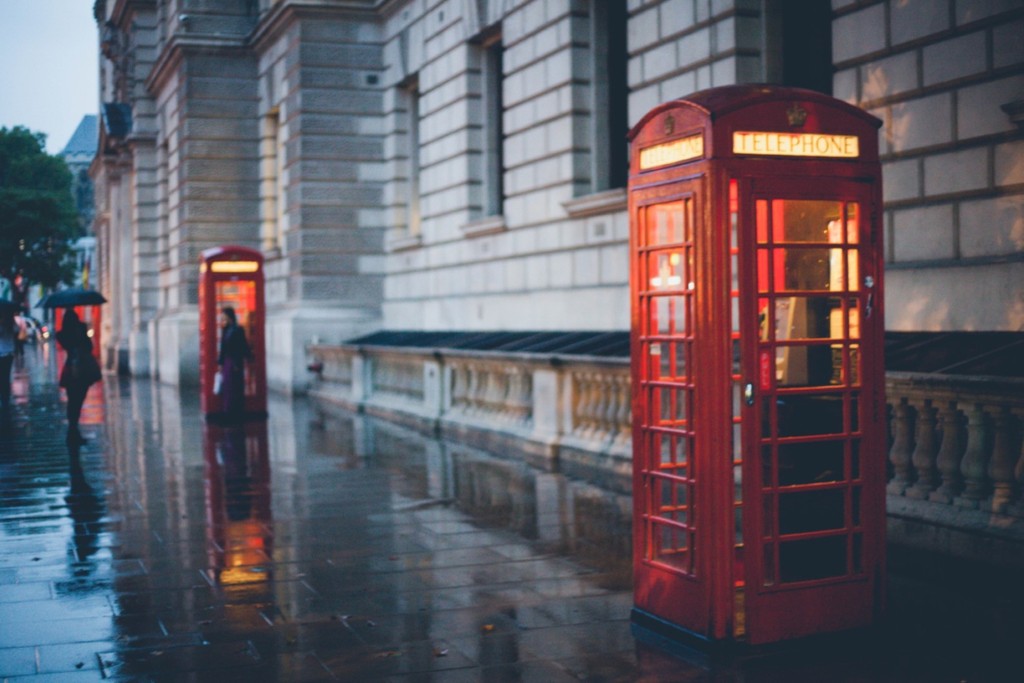 london phone boxes in the rain