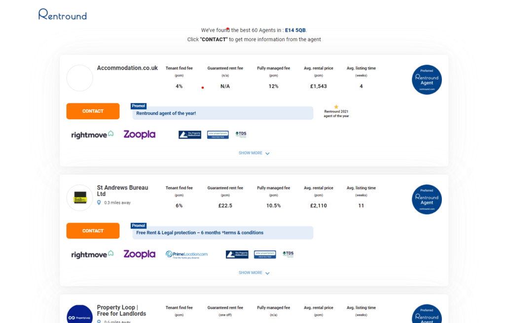 rent round website screenshot of the best letting agents