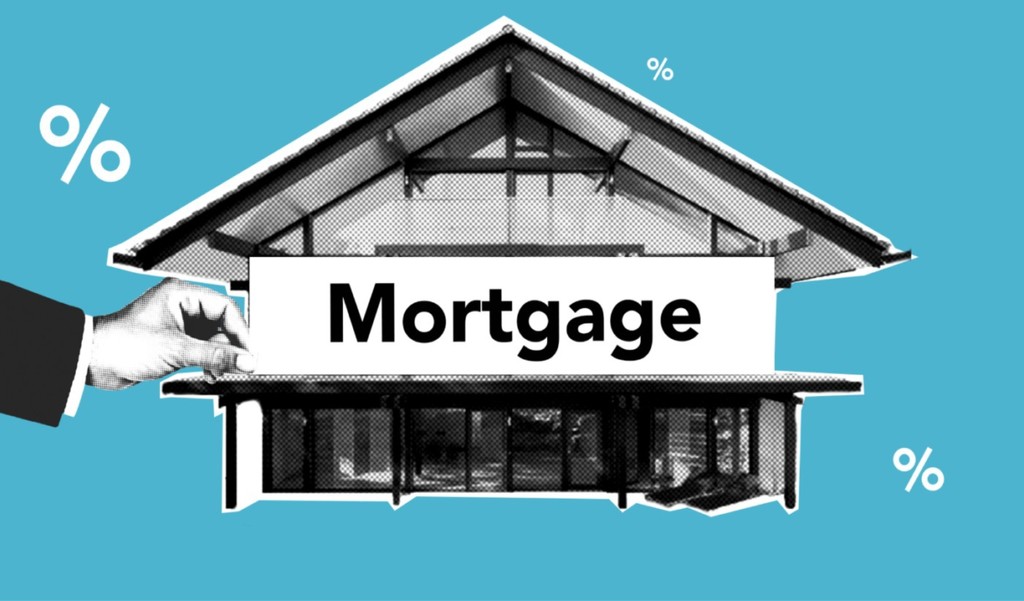 mortgage sign on black and white house with blue background