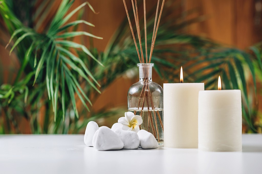 candles and reed diffuser on a table with plants in the background