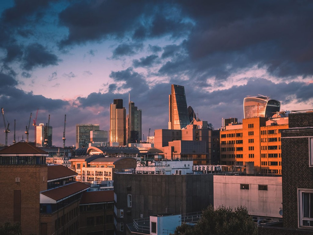 Evening clouds over the City of London, affordable housing, England, UK