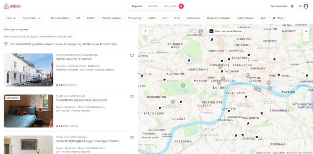 airbnb renting site showing results on map