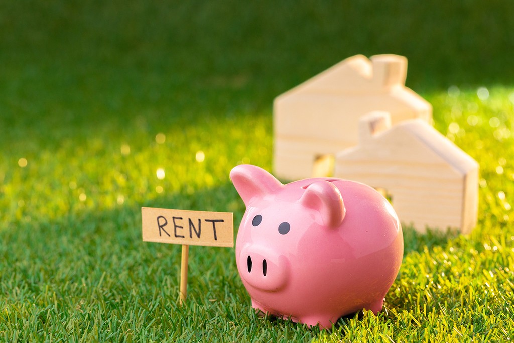 Wooden toy house with rent sign on grass close up