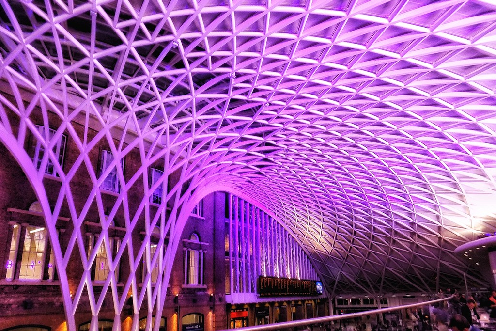 kings cross station in purple light