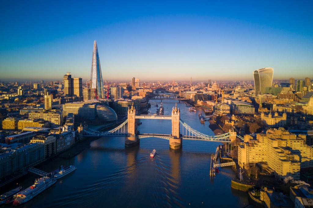 Aerial view of London and the Tower Bridge, England, United Kingdom