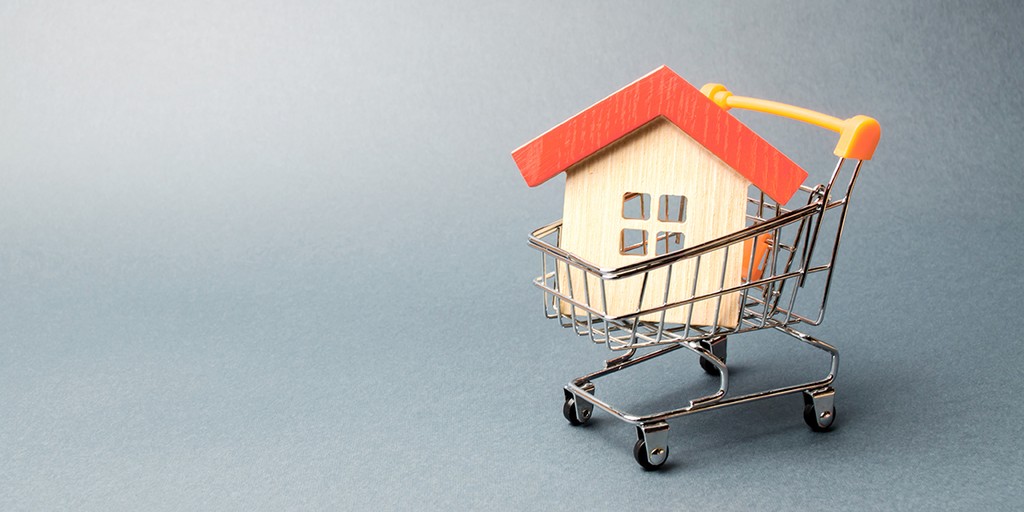 Wooden house in a Supermarket trolley. The concept of buying a house or apartment. Affordable housing. Profitable and cheap loans for real estate. Buying a home. Mortgage and loan. Place for text