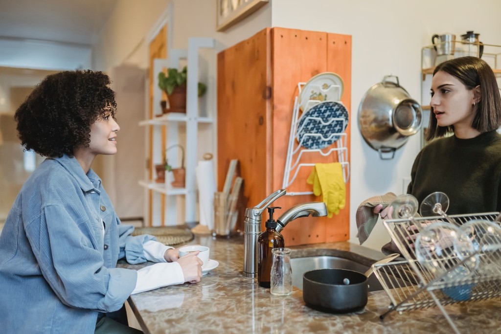 two women talking across a kitchen counter